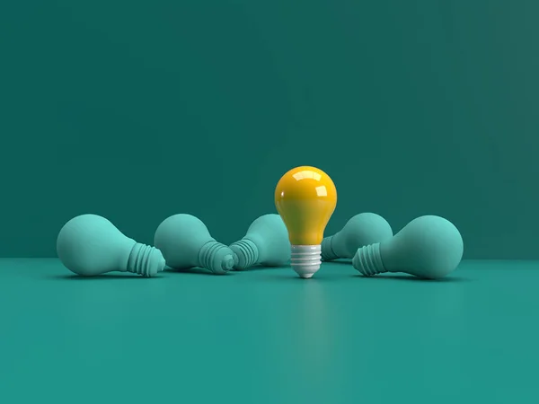 The yellow bulb stands out among the green bulbs on the same color background. Creative and innovative concept. Unique. Think different. Stand out from the crowd. 3D illustrations with copy space.