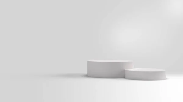 Bej tonunda boş sahne gözlükleriyle En Az Süslü Beyaz Podyum Ürün Sunumu. Kozmetik ürünler için podyum. 3B illüstrasyon.