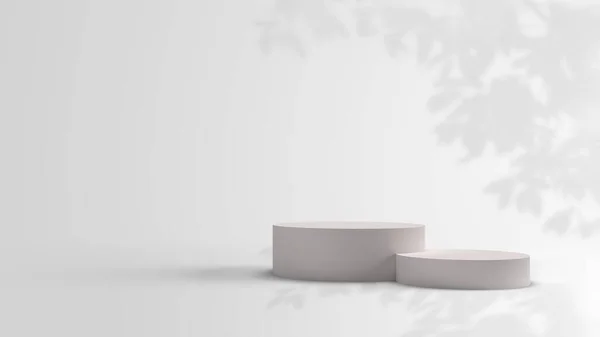 Asgari lüks beyaz podyumlar boş sahne ile ürün sunumu için engelleniyor, bej ve ağaç yapraklarının gölgelerinde Sunshade gölgesi, kozmetik ürün için yayalar, 3D resimleme. 