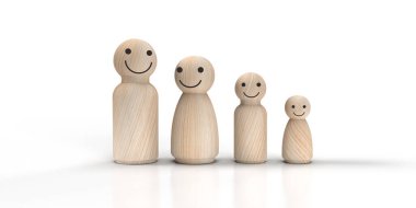 wooden people, men, women and children smiling faces on a white background The concept and symbols of a large family Family care concept with copy space.