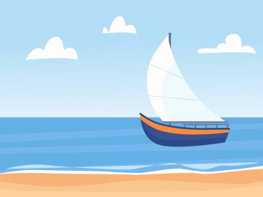 Yelkenli ve plajlı bir deniz manzarası. Yatay arkaplan