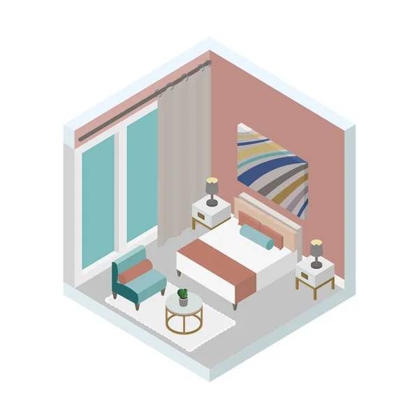 Ilustración del vector isométrico, diseño moderno del dormitorio con muebles — Archivo Imágenes Vectoriales