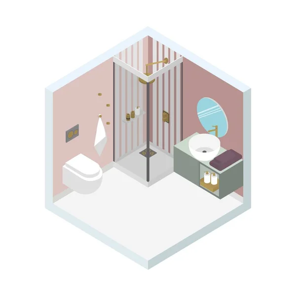 Isometric vector illustration, desain kamar mandi modern - Stok Vektor