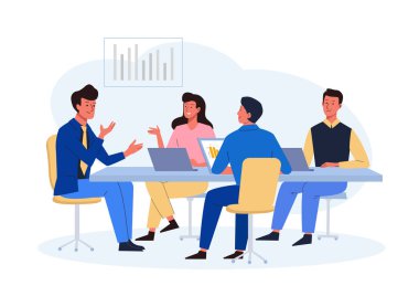 Masanın etrafında oturan iş adamları. Takım lideri ile konuşuyor.