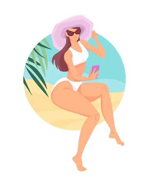 Mujer Joven Moda Con Sombrero Gafas Sol Con Teléfono Tomar — Vector de stock