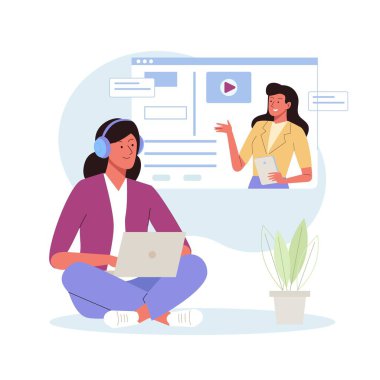 Kulaklıklı kadın öğrenci dizüstü bilgisayarla çalışıyor ve öğretmenini dinliyor. Webinar eğitimi, video konferansı ya da konferans yoluyla e-öğrenme, online uzaklık eğitimi kavramı. Düz vektör illüstrasyonu