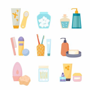 Bath accessories set. Bathroom cartoon flat elements of personal hygiene and everyday body care. Bath collection with soap, comb, toothbrush, cream, sponges, shampoo icons isolated on white background