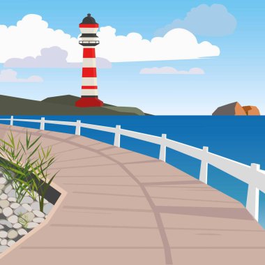 Seascape with bridge and lighthouse tower on sea coast. Beautiful landscape in flat design, vector illustration