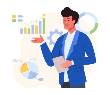 Yatırım finansmanı için istatistiksel ve veri analizi konsepti. Gösterge panelindeki bilgi ve grafikleri inceleyen adam