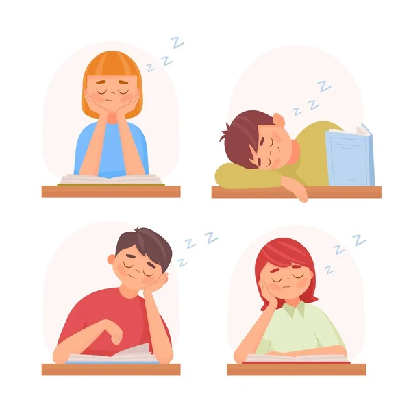Schlafende Kinder Lerntisch Cute Kids Jungen Und Mädchen Schlafen Mit — Stockvektor