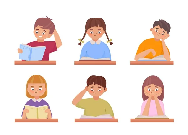 Kinder Mädchen Und Jungen Sitzen Klassenzimmer Und Lesen Bücher Kleiner — Stockvektor