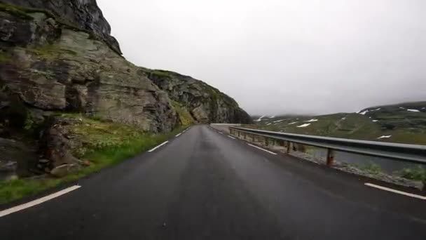 First Person View Nordic Two Lane Road Mountains Fog — Stockvideo