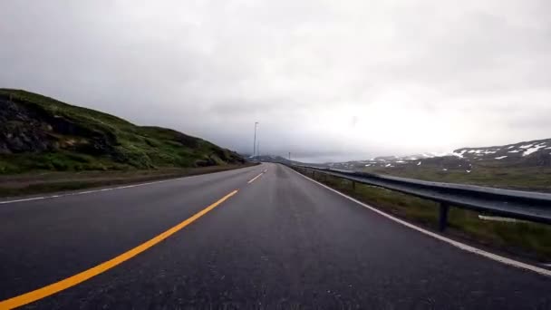 First Person View Nordic Two Lane Road Mountains Fog — Vídeo de Stock