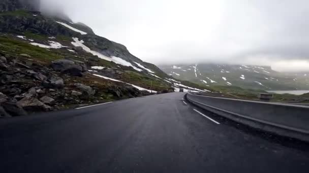 First Person View Nordic Two Lane Road Mountains Fog Scenic — Video Stock