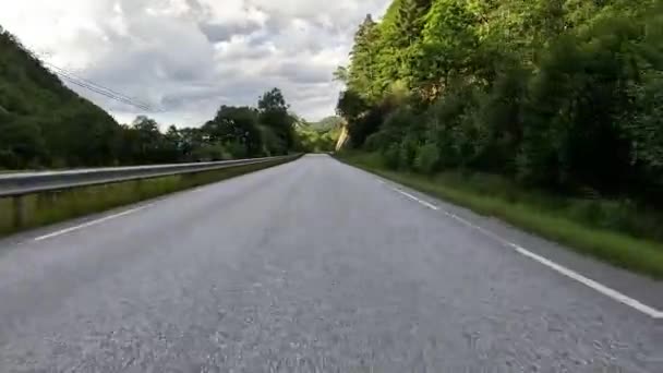 First Person View Nordic Two Lane Road Forest Mountains — ストック動画