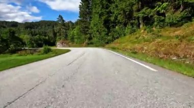 First person view of a nordic two-lane road, forest, mountains