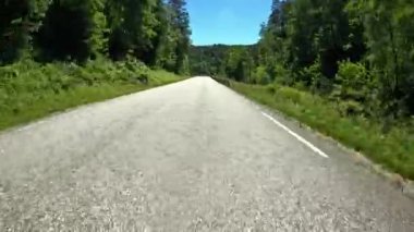 First person view of a nordic two-lane road, forest, mountains