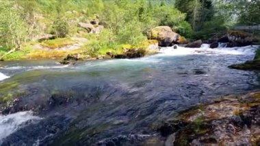 Beautiful river in wild nature of Norway near Aenes, slow motion