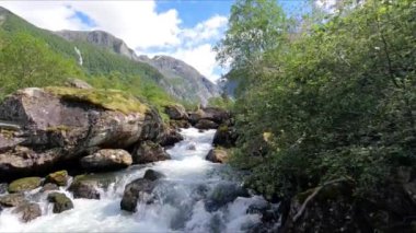 Beautiful river in wild nature of Norway near Aenes, slow motion