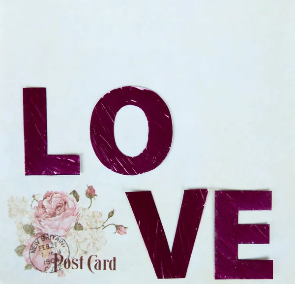 Inscription Love Large Letters Light Background Background Flowers Lettering — Stock Photo, Image