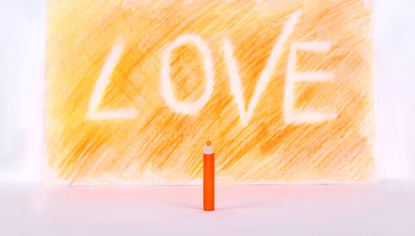 Inscription Orange Background Colored Pencil Background Inscription Love Small Orange — Stock Photo, Image