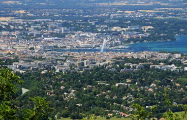 Aerial view of Geneva and the water jet on Lake Geneva.