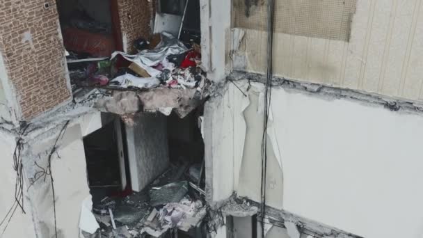 War Ukraine View Drone Destroyed Burnt Apartments Destroyed Apartment Building — Stok video