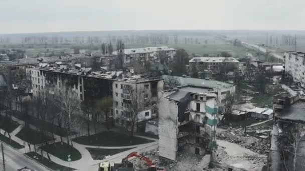 War Ukraine Drone Makes Panoramic View Damaged City Borodyanka Aerial — Stok video