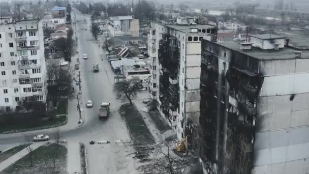 War Ukraine Panoramic View Damaged City Fighting Borodyanka Aerial Photography — Stok video