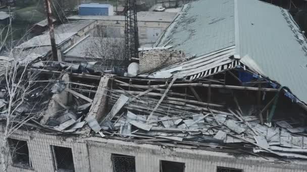 War Ukraine View Drone Damaged Roof House Borodyanka Aerial Photography — Video