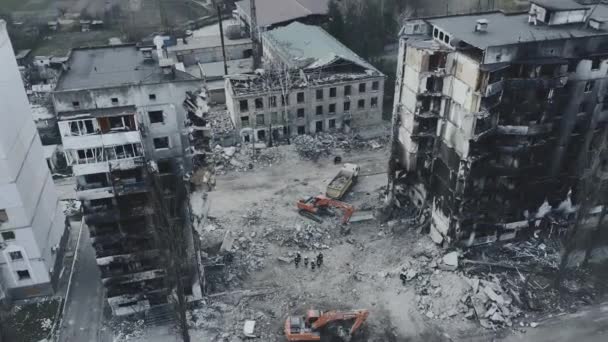 War Ukraine View Drone Ruined Apartment Building Borodyanka Aerial Photography — Video