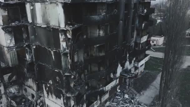 War Ukraine View Drone Destroyed Burned Apartments Apartment Building Borodyanka — Video