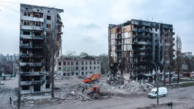 War in Ukraine, Destroyed apartment building, Borodyanka, Kyiv region, aerial photography.