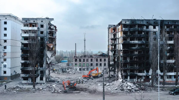 War Ukraine Destroyed Apartment Building Borodyanka Kyiv Region Aerial Photography — Fotografia de Stock