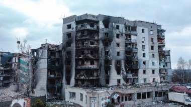War in Ukraine, Borodyanka, almost destroyed apartment building, destroyed and burned apartments, drone view, aerial photography