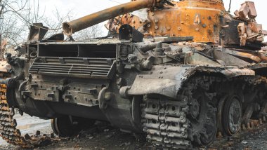 Ukrayna 'daki savaş, Ukrayna' nın Ukrayna köyünün dışında yanmış bir tank, Kyiv bölgesi