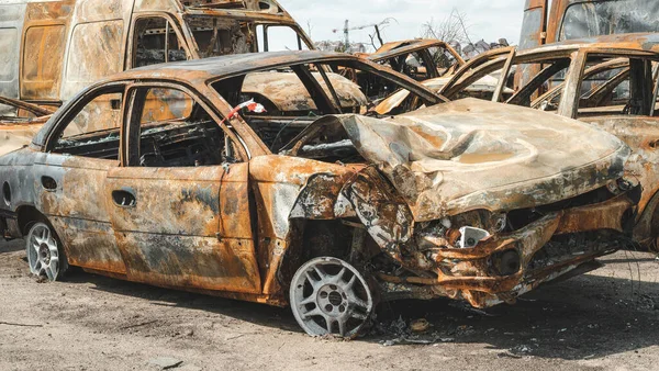 Guerre Ukraine Voiture Civile Brûlée Près Irpen Région Kiev — Photo