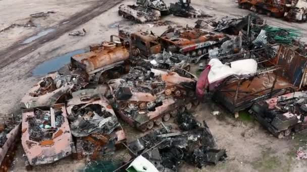 War Ukraine Cemetery Destroyed Russian Equipment Irpin Kyiv Region Drone — Stok video