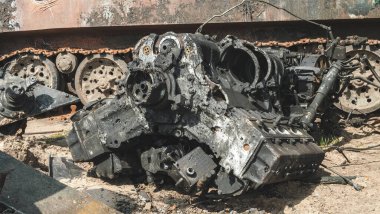 The war in Ukraine, the engine is torn off against the background of the destroyed MTLB