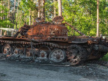 War in Ukraine, a destroyed Russian tank with a Ukrainian ensign stands near the road against the backdrop of the forest, side view