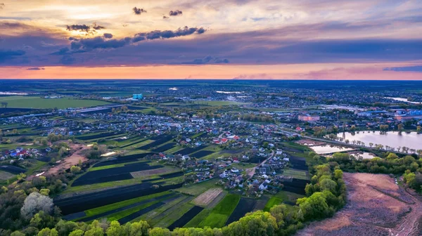 Καλοκαίρι Θέα Του Ουκρανικού Χωριού Στο Ηλιοβασίλεμα Drone View Αεροφωτογραφία — Φωτογραφία Αρχείου