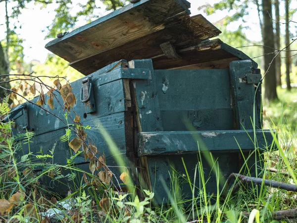 War in Ukraine, a broken supply box stands in the forest