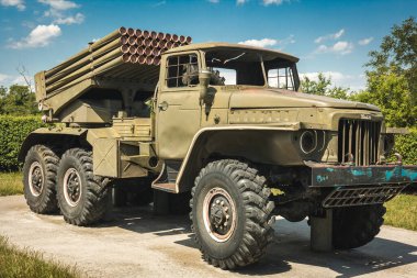 Soviet BM-21 GRAD self-propelled rocket launcher , missile section close-up, side view