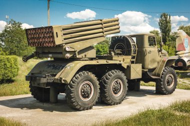 Soviet BM-21 GRAD self-propelled rocket launcher , missile section close-up, side view