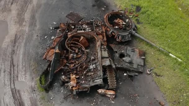 War Ukraine Destroyed Tank Drone View Detonation Tank Ammunition Aerial — Stock videók