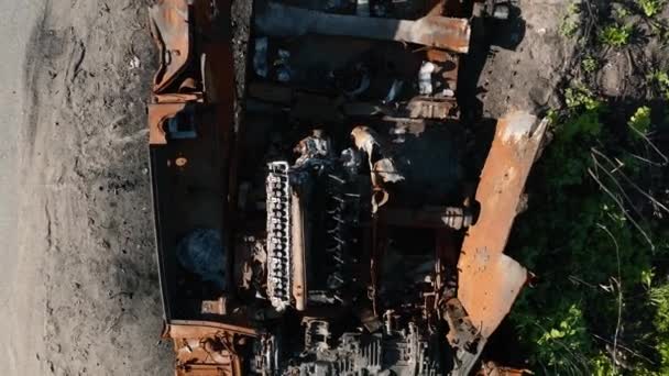 War Ukraine Destroyed Tank Drone Slowly Takes Destroyed Tank Aerial — Stockvideo