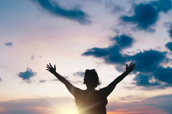 Woman Rise Hand Sky Show Freedom Travel World Summer Beach — Stockfoto