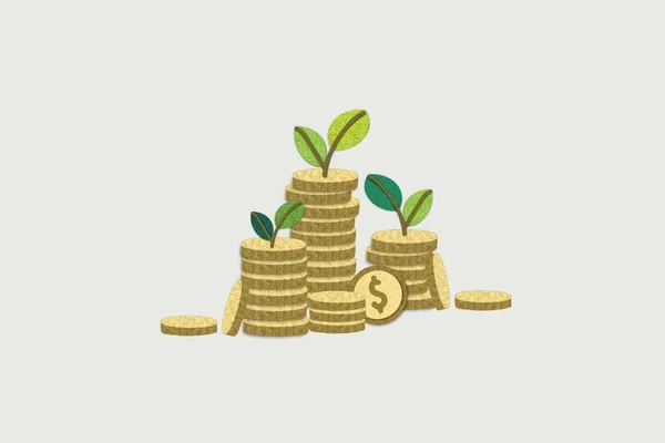 Paper cut texture style of success in wealth management concept,  money plant seedling metaphor  financial or investment growth, increase earning profit and capital gain, coin flower.
