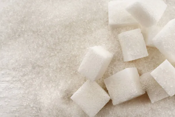 Los Cubos Azúcar Refinados Dispersan Sobre Azúcar Suelta Ingrediente Sacarosa — Foto de Stock