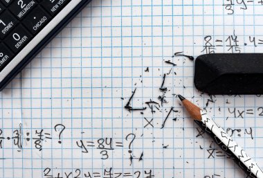 Silgi, hesap makinesi ve kalem. Yazıtlar için boş alanı olan formüllerin ekose arkaplanı